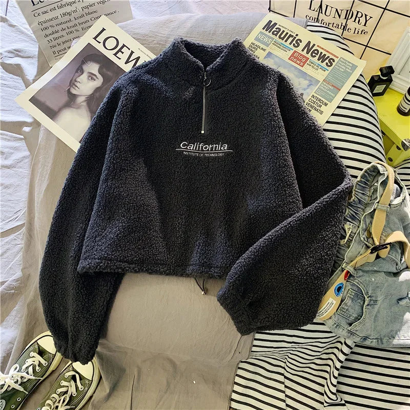 2023 Autumn Solid Letter Half Turtleneck Sweater Women Long Sleeve Loose Tops Zipper Ladies Clothes Sweatshirt Sporty Style